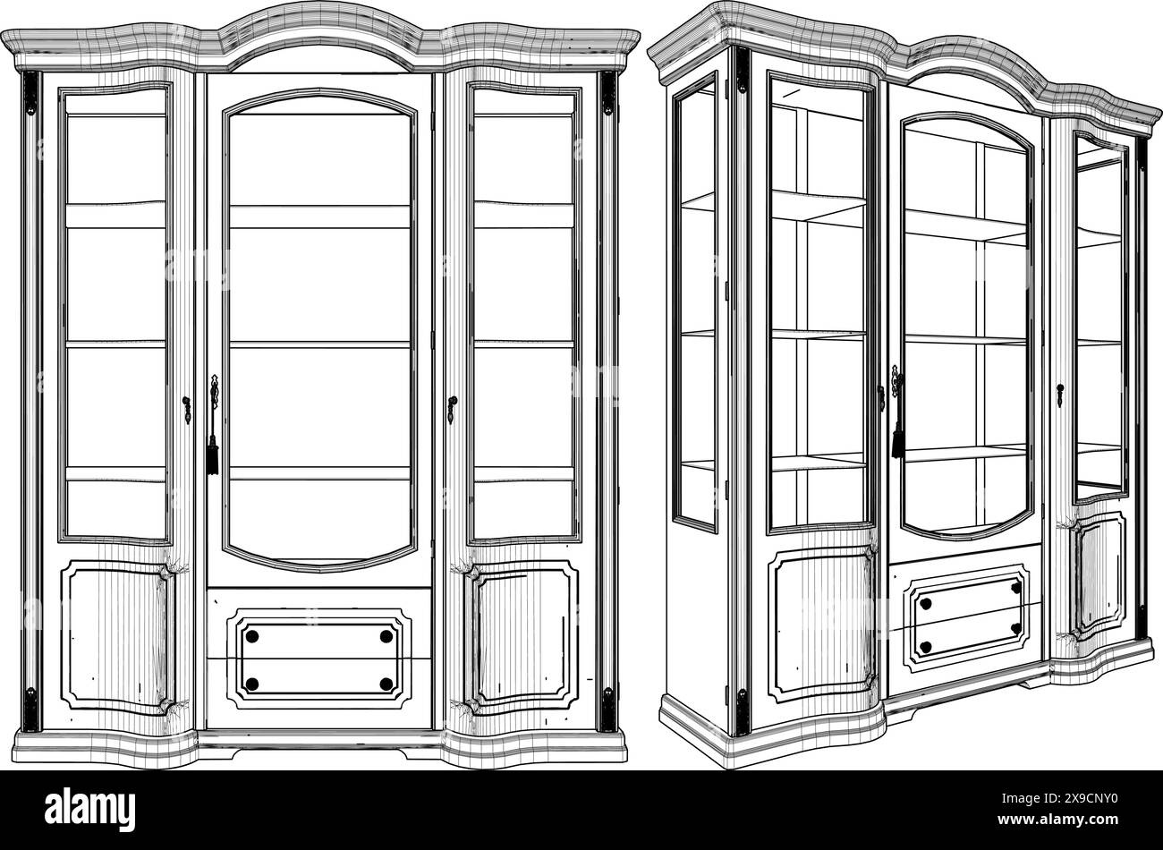 Vintage Showcase placard Sideboard Vector. Une illustration vectorielle de cas en verre isolé sur fond blanc. Illustration de Vecteur