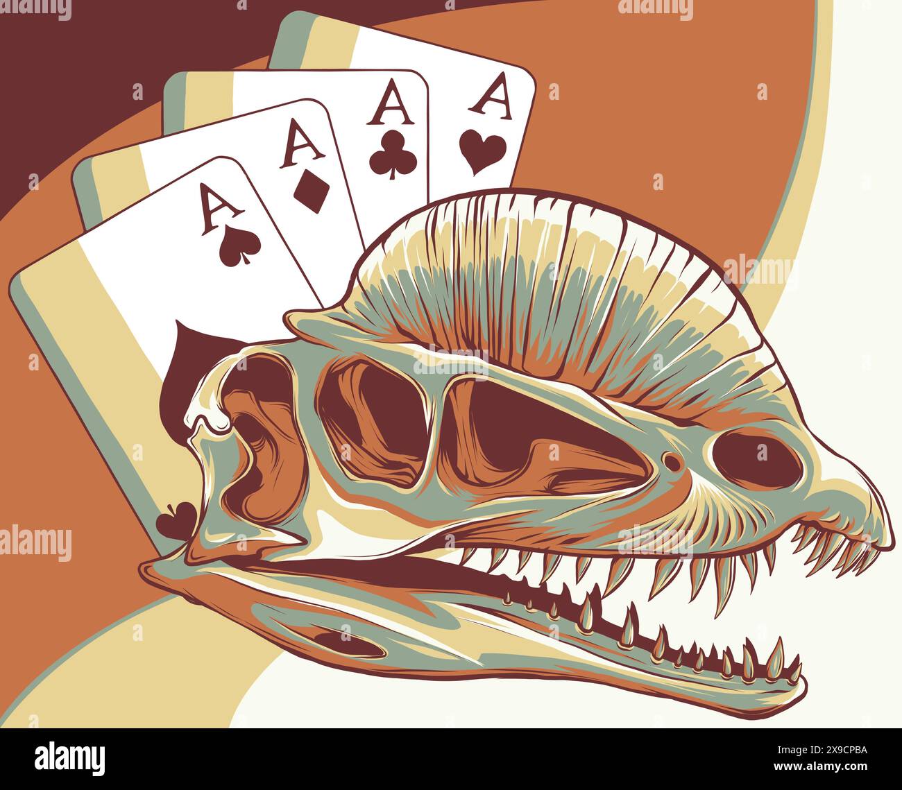 illustration vectorielle du crâne de dilosaurus avec des cartes de poker Illustration de Vecteur