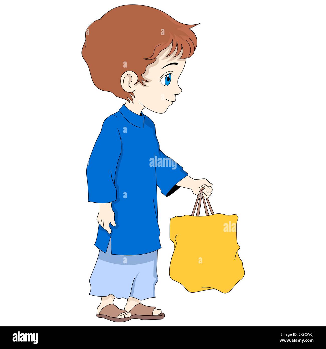 Dessin animé Ramadan doodle illustration de la charité, homme musulman portant des sacs à provisions au marché, dessin créatif Illustration de Vecteur