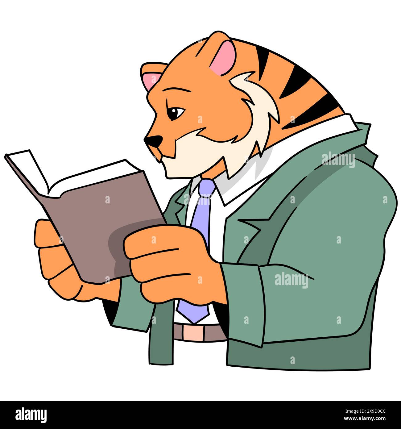 activité éducative dessin animé doodle, un tigre d'enseignants lit un livre pour aider à enseigner dans la classe Illustration de Vecteur