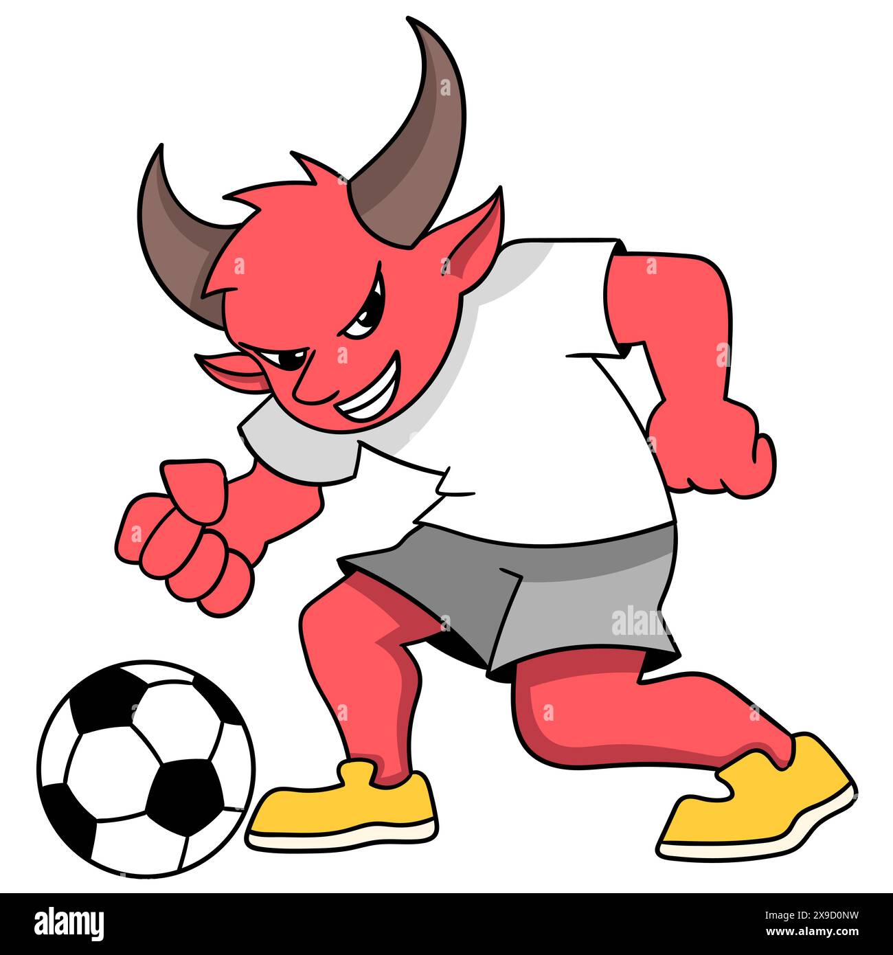 dessin animé doodle des activités sportives, un diable rouge, corné porte avec excitation un ballon de football Illustration de Vecteur