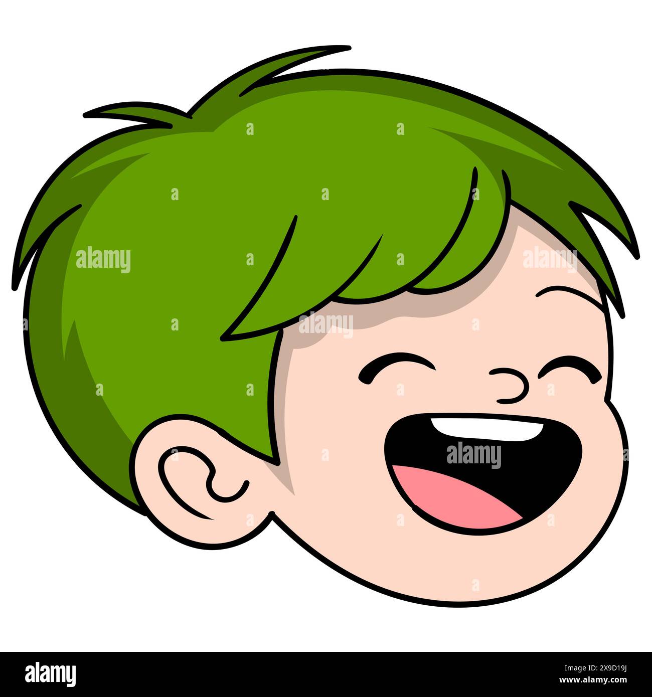 dessin animé humain doodle, tête de garçon aux cheveux verts avec un visage heureux Illustration de Vecteur