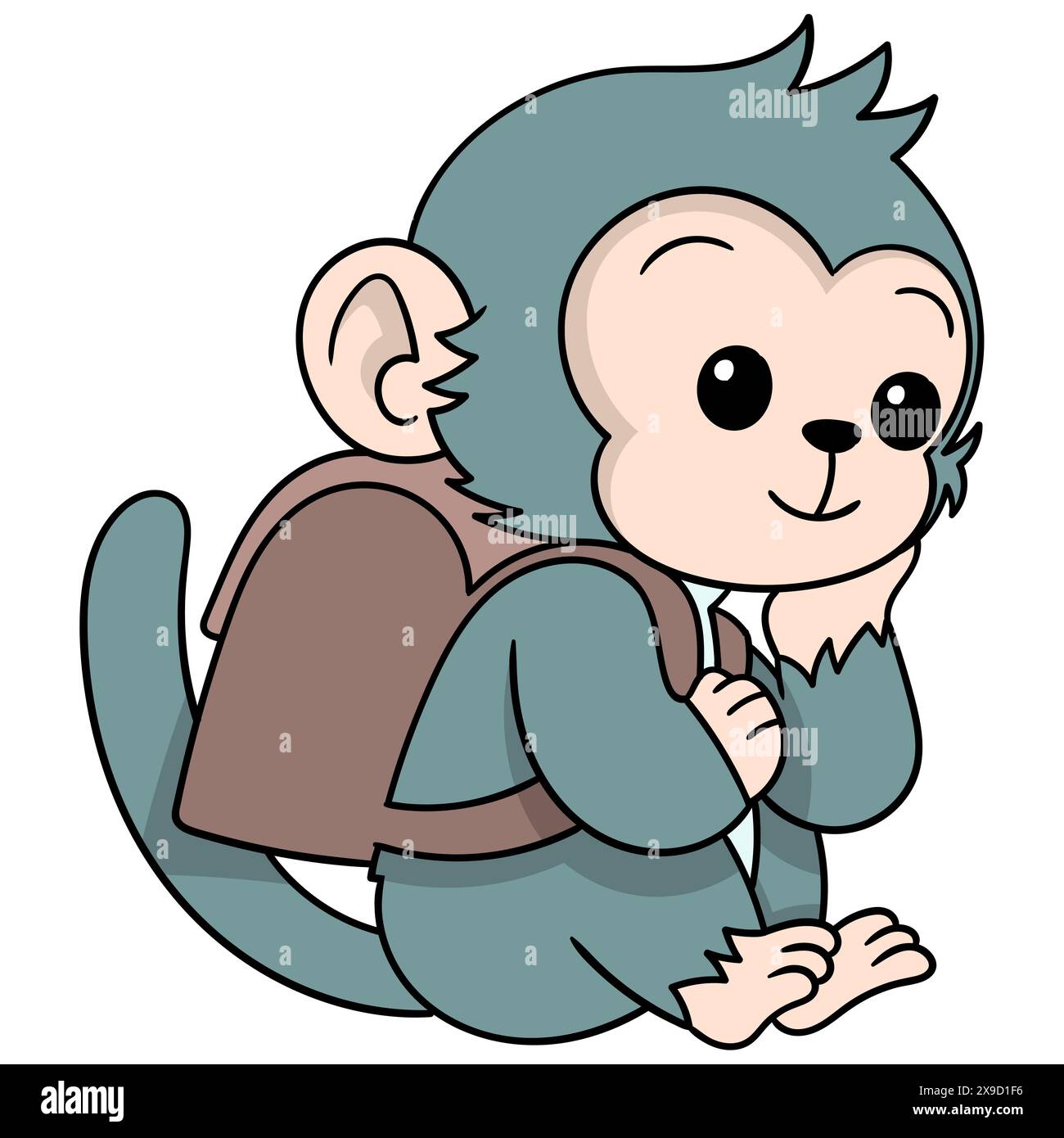 doodle de dessin animé éducatif, l'étudiant singe mâle portant un sac est assis aloneflat ; couleur ; icône ; symbole ; autocollant; logo ; illustration ; éducatif ; env Illustration de Vecteur