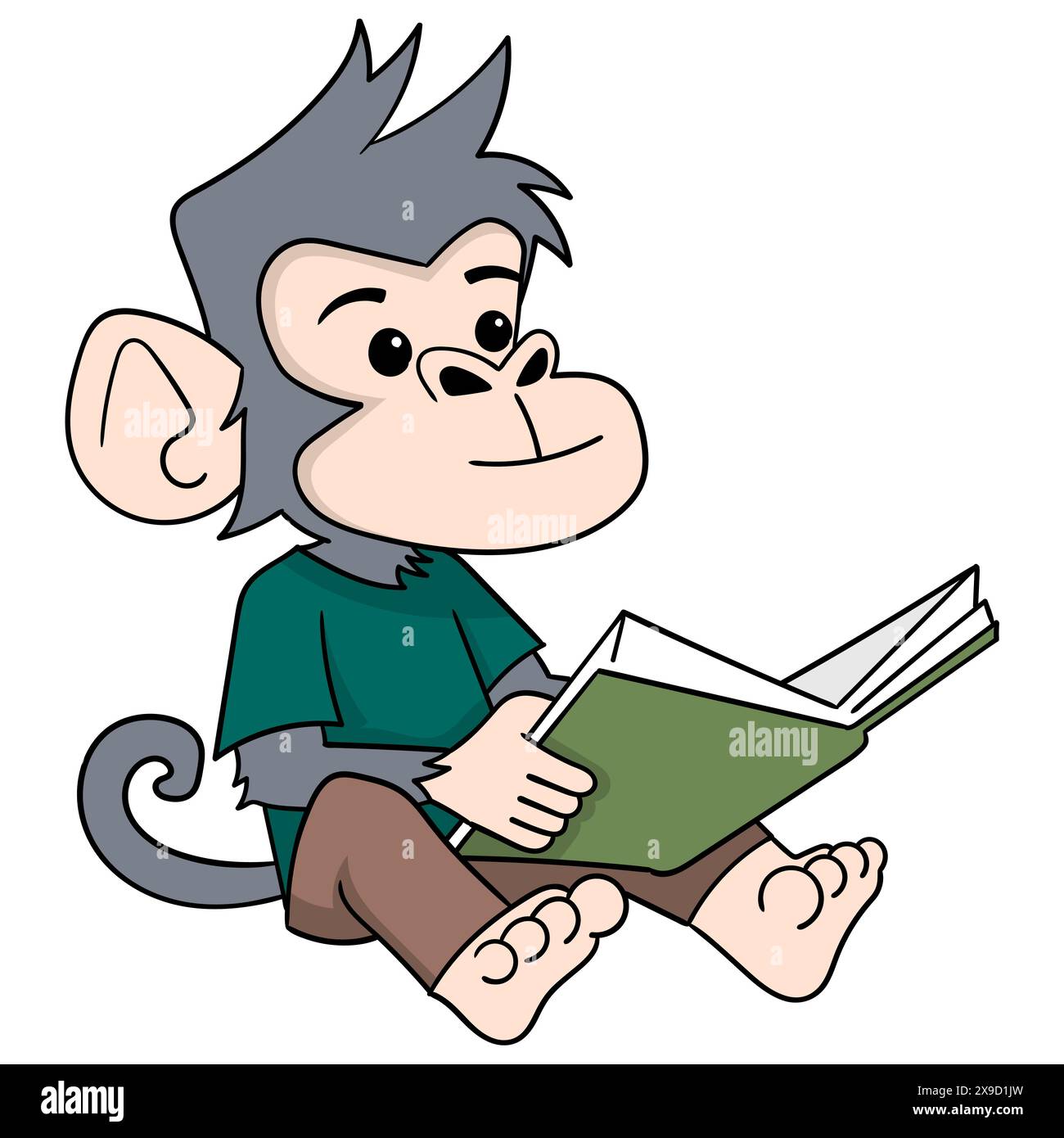 dessin animé éducatif doodle, étudiant singe masculin assis lisant le livre de science Illustration de Vecteur