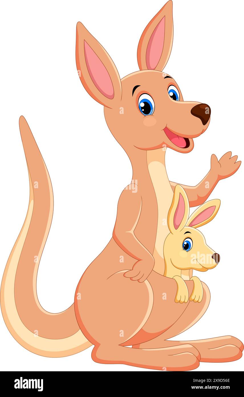 Dessin animé kangourous heureux avec bébé Joey isolé sur fond blanc Illustration de Vecteur