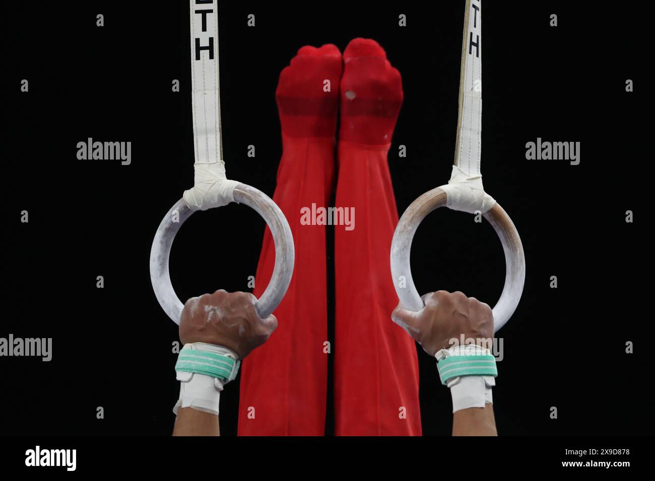 Fort Worth, Texas, États-Unis. 30 mai 2024. SAMUEL PHILLIPS, gymnaste de l'Université du Nebraska, exécute sa routine de bagues lors de la compétition Senior Men Day 1 des Championnats de gymnastique américains Xfinity 2024 à la Dickies Arena de Fort Worth jeudi (crédit image : © Brian McLean/ZUMA Press Wire) USAGE ÉDITORIAL SEULEMENT! Non destiné à UN USAGE commercial ! Banque D'Images