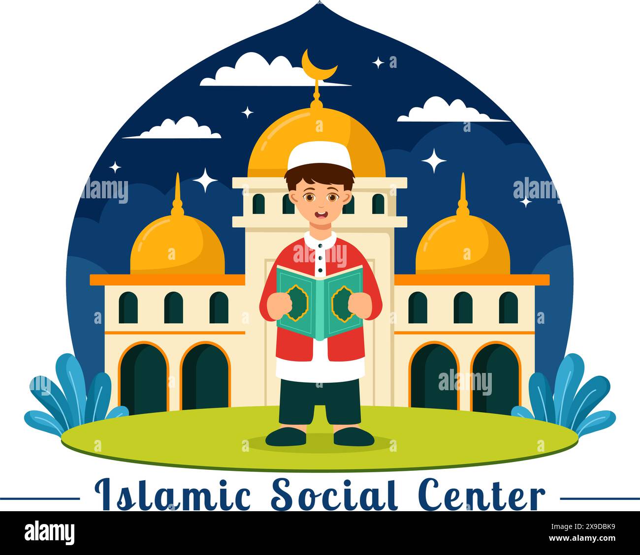 Centre social islamique illustration vectorielle mettant en vedette des mosquées, des institutions éducatives pour les études islamiques et le développement dans un fond plat de dessin animé Illustration de Vecteur