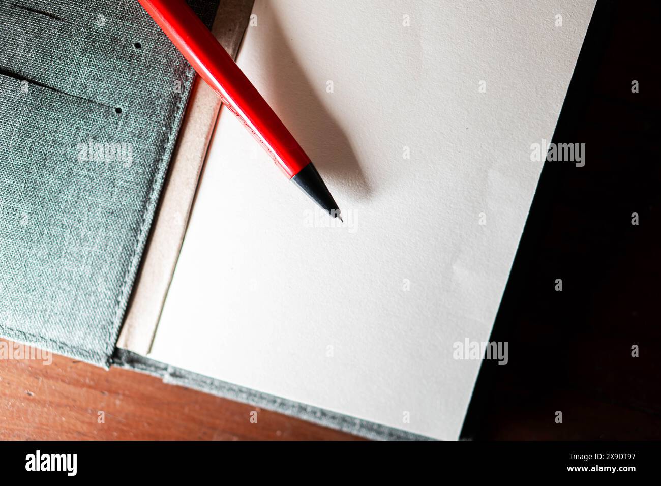 Un cahier ouvert avec des pages vierges et un stylo rouge posé dessus, placé sur une surface en bois. Banque D'Images