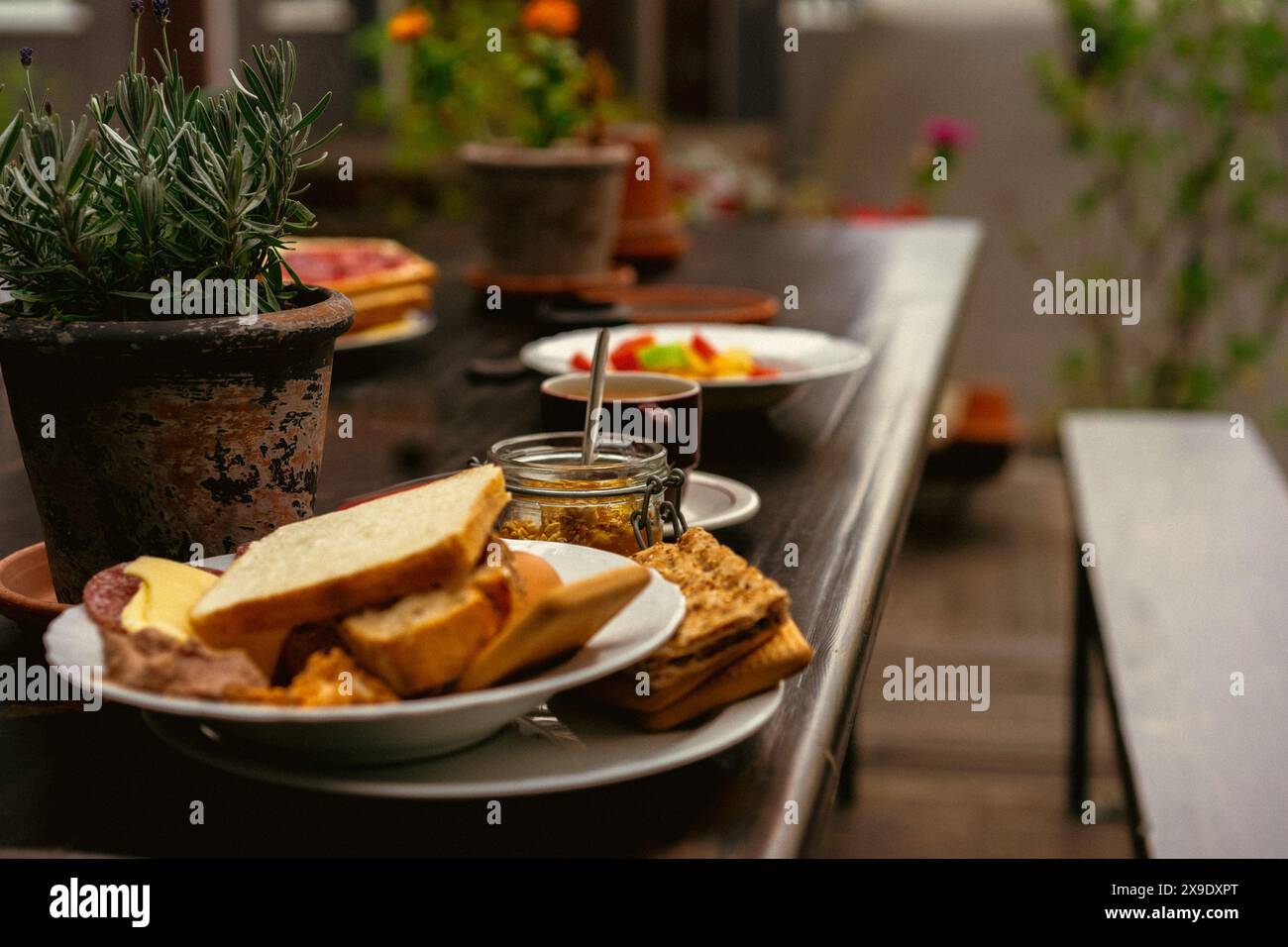 Petit-déjeuner copieux composé d'œufs, de fruits et de pain grillé, baigné de lumière naturelle. Banque D'Images