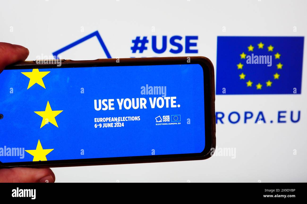 Ukraine - mai 31. 2024 : dans cette illustration photo, un logo des élections européennes vu affiché sur un smartphone. Élections au Parlement européen Banque D'Images