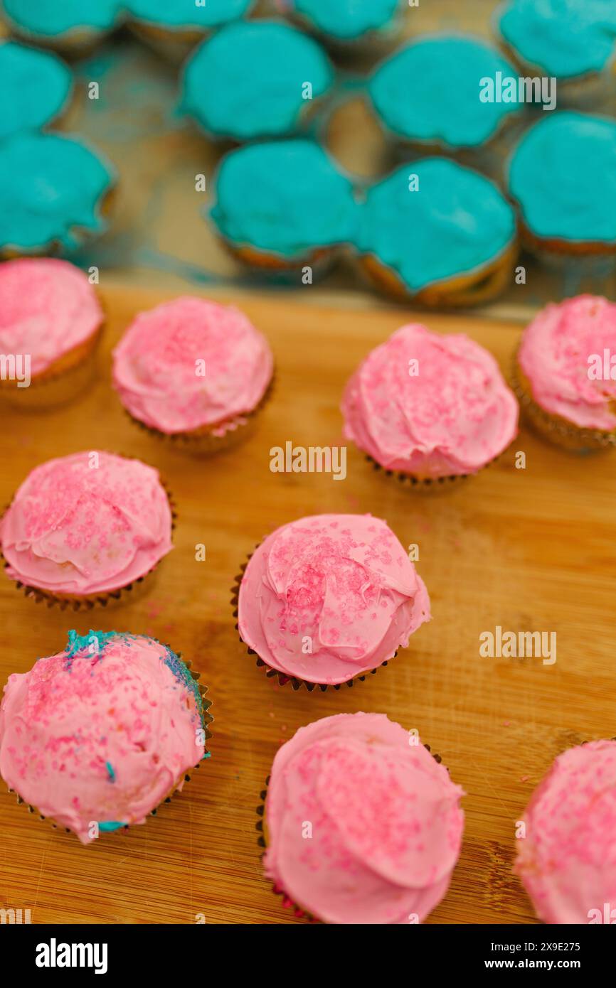 Le genre fille ou garçon révèle des cupckaes roses et bleues Banque D'Images