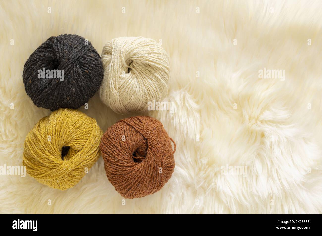 Photographie vue de dessus de quatre écheveaux de fil de laine de tweed sur fond de fourrure d'agneau blanche à la lumière naturelle Banque D'Images