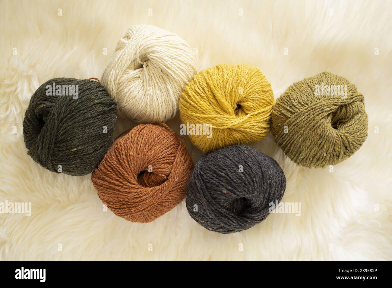 Photographie de vue de dessus de six écheveaux de fil de laine de tweed sur fond de fourrure d'agneau blanche à la lumière naturelle Banque D'Images