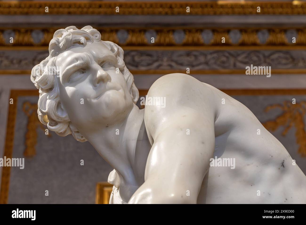 David, une sculpture en marbre grandeur nature de Gian Lorenzo Bernini dans le moment avant qu'il ne lance la pierre à Goliath, Galleria Bhorghese, Rome, Italie Banque D'Images David, une sculpture en marbre grandeur nature de Gian Lorenzo Bernini dans le moment avant qu'il ne lance la pierre à Goliath, Galleria Bhorghese, Rome, Italie Banque D'Images