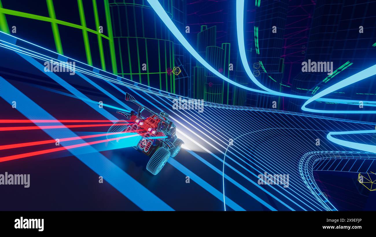 Gameplay d'un jeu vidéo de course hors route en rendu 3D de l'espace polygonal. Voiture générée par ordinateur conduisant rapidement et à la dérive sur la route futuriste. Illustration VFX. Vue à la troisième personne. Banque D'Images