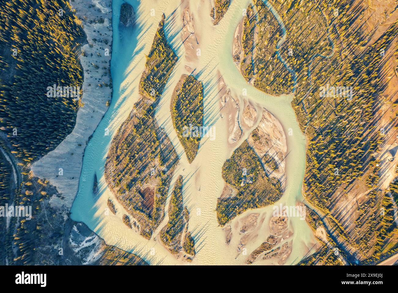 Images filmées par drone d'une rivière sinueuse lors d'une inondation. Forêt, rochers. Nordegg, Alberta, Canada Banque D'Images