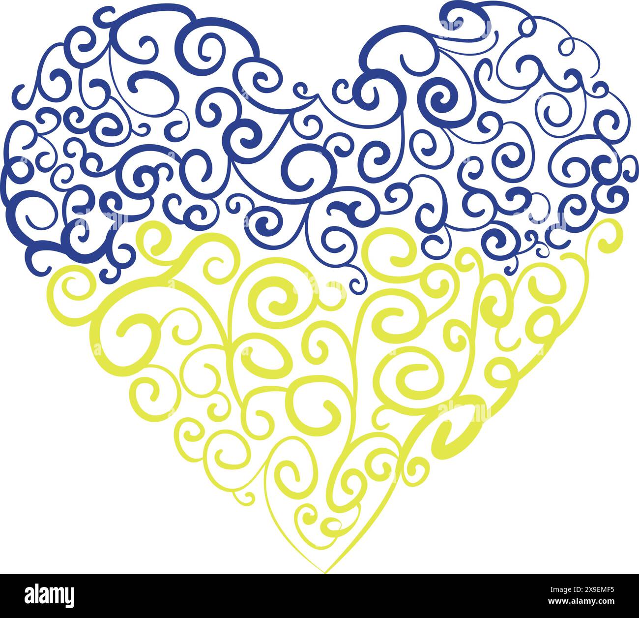 Illustration d'art folklorique coeur couleurs de drapeau ukrainien avec motif en spirale isolé dessin dans le style d'écriture manuscrite Illustration de Vecteur