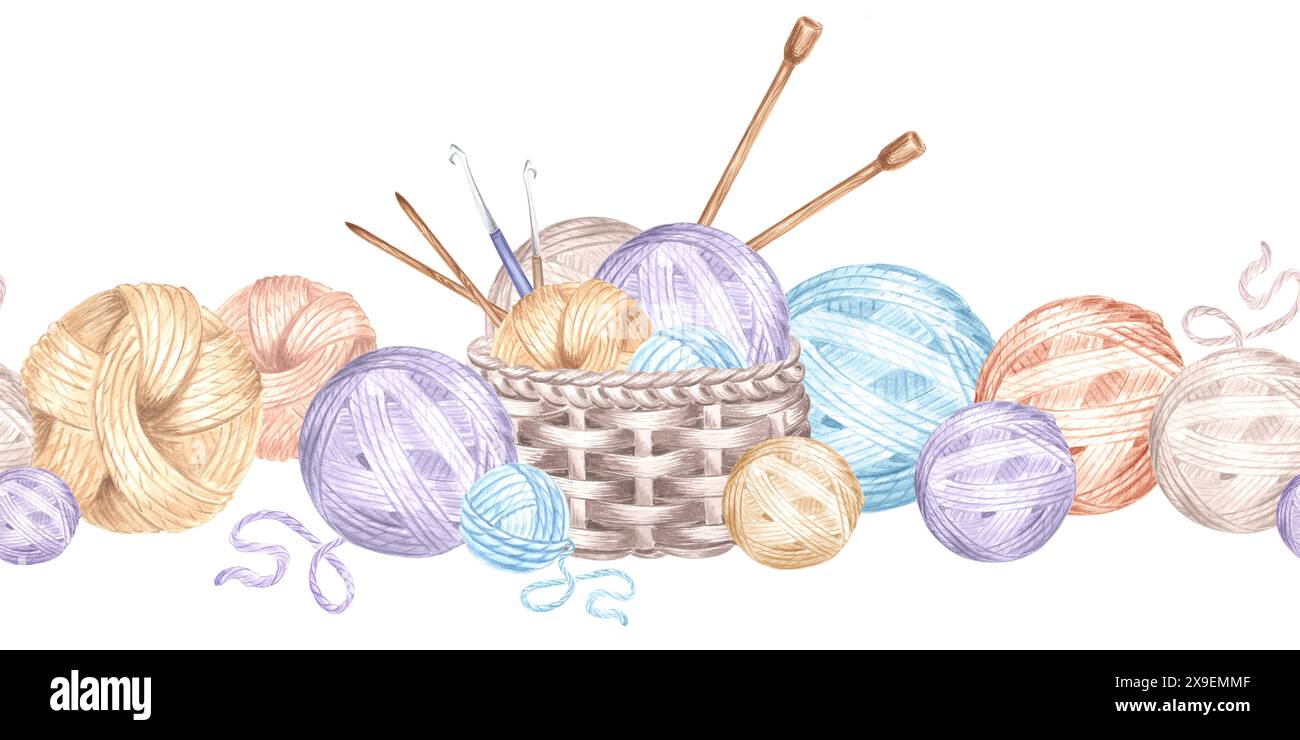 Boules de fil et écheveaux de laine dans le panier, aiguilles à tricoter et crochets. Bordure sans couture pour tricot hobby. Illustration d'aquarelle dessinée à la main Backdr Banque D'Images