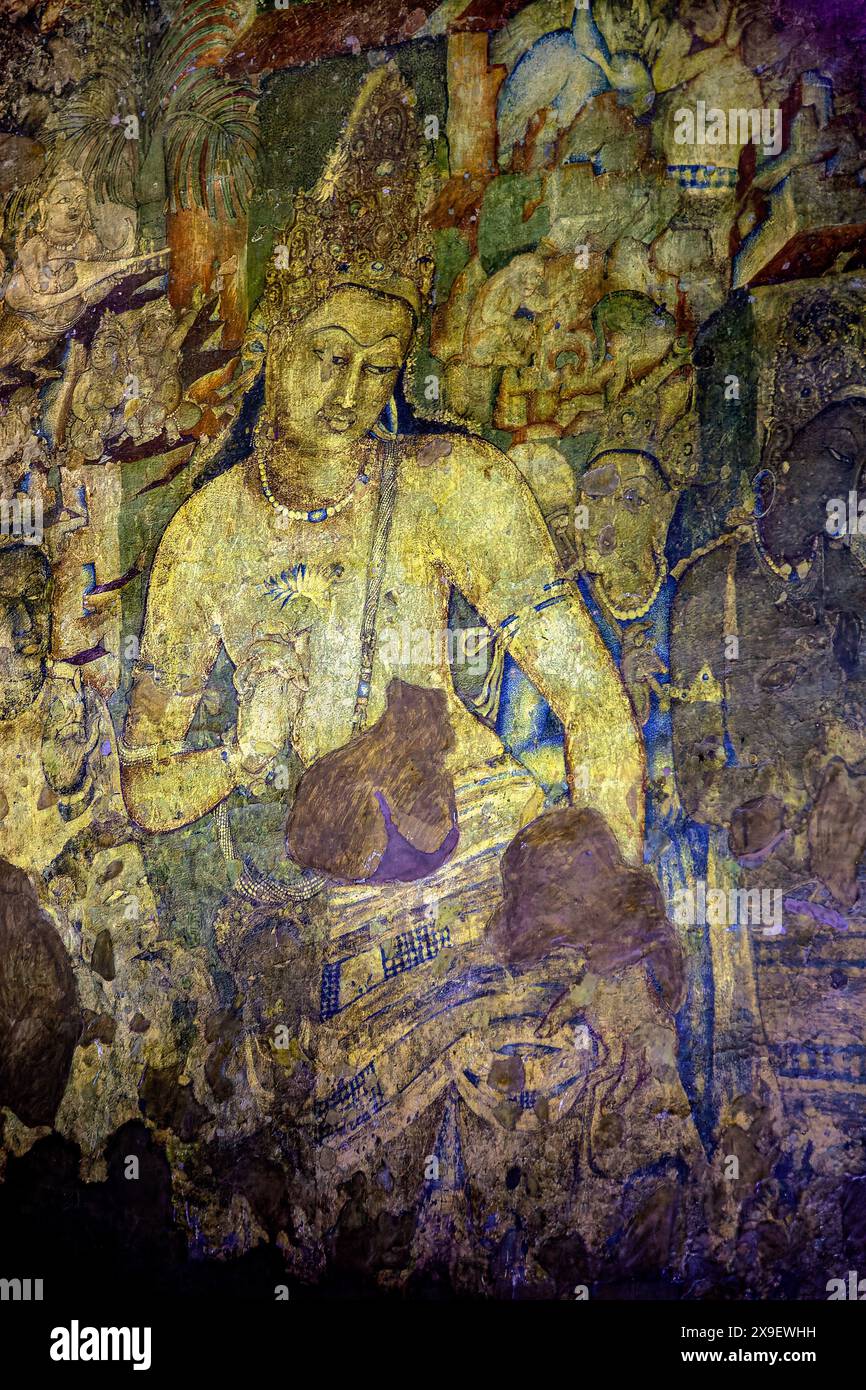 08 19 2008 vieilles peintures Padmapani fresque grottes d'Ajanta site classé au patrimoine mondial de l'UNESCO Aurangabad officiellement connu sous le nom de Chhatrapati Sambhaji Nagar Banque D'Images