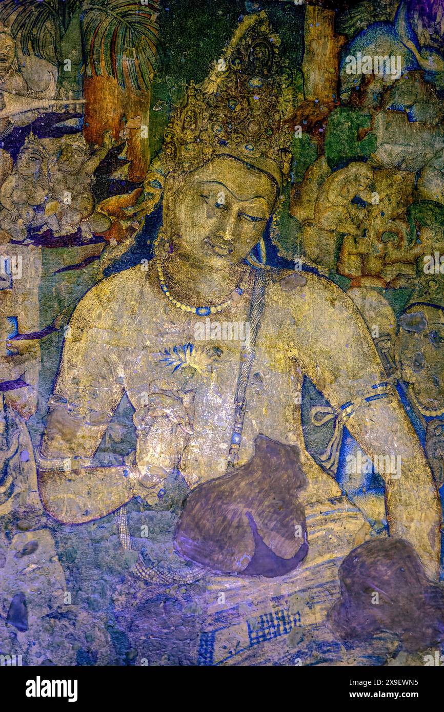 08 19 2008 vieilles peintures Padmapani fresque grottes d'Ajanta site classé au patrimoine mondial de l'UNESCO Aurangabad officiellement connu sous le nom de Chhatrapati Sambhaji Nagar Banque D'Images