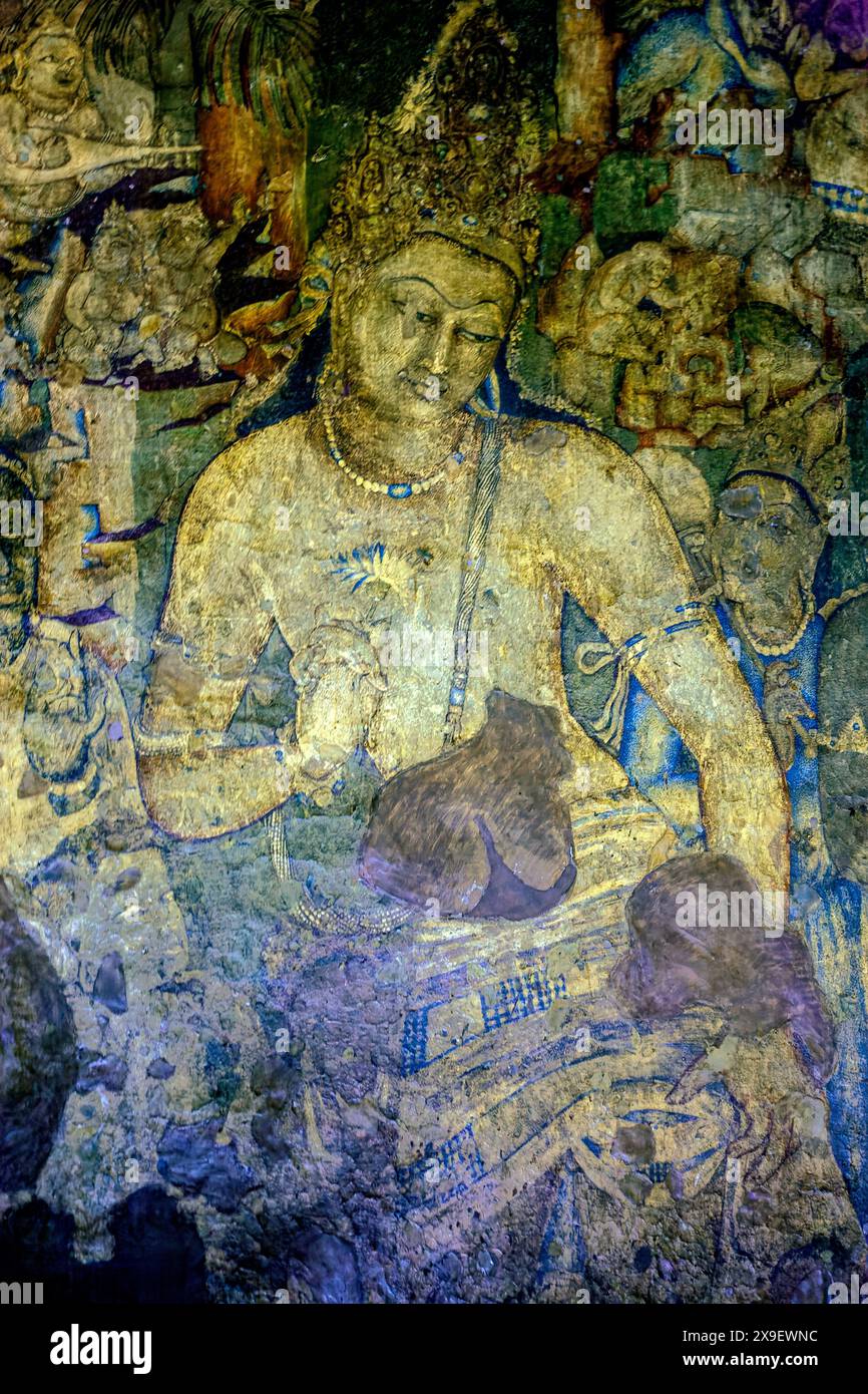 08 19 2008 vieilles peintures Padmapani fresque grottes d'Ajanta site classé au patrimoine mondial de l'UNESCO Aurangabad officiellement connu sous le nom de Chhatrapati Sambhaji Nagar Banque D'Images