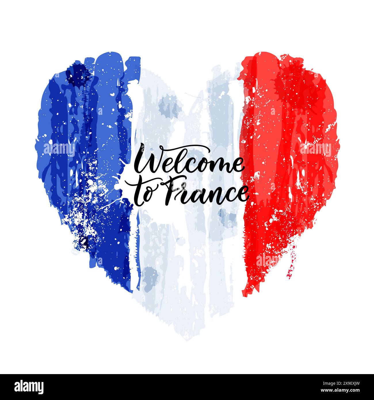 Aquarelle drapeau français en forme de coeur et bienvenue en France lettrage calligraphique dessiné à la main. Illustration vectorielle. Affiche, carte de voeux, conception d'impression Illustration de Vecteur