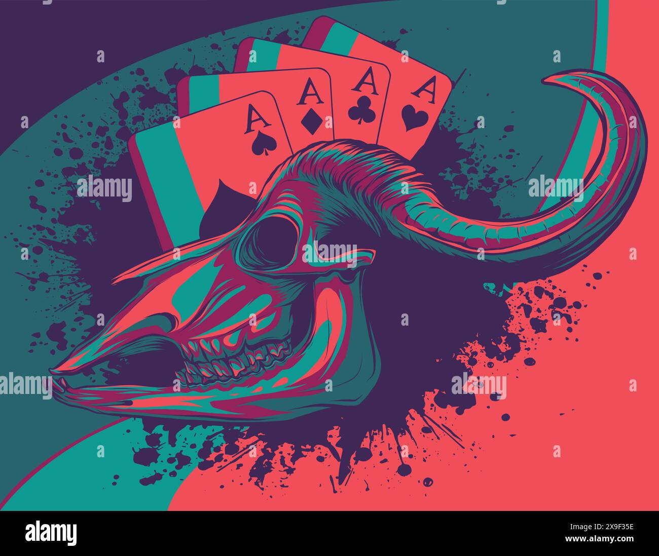 illustration vectorielle du crâne de vache avec des as de poker Illustration de Vecteur