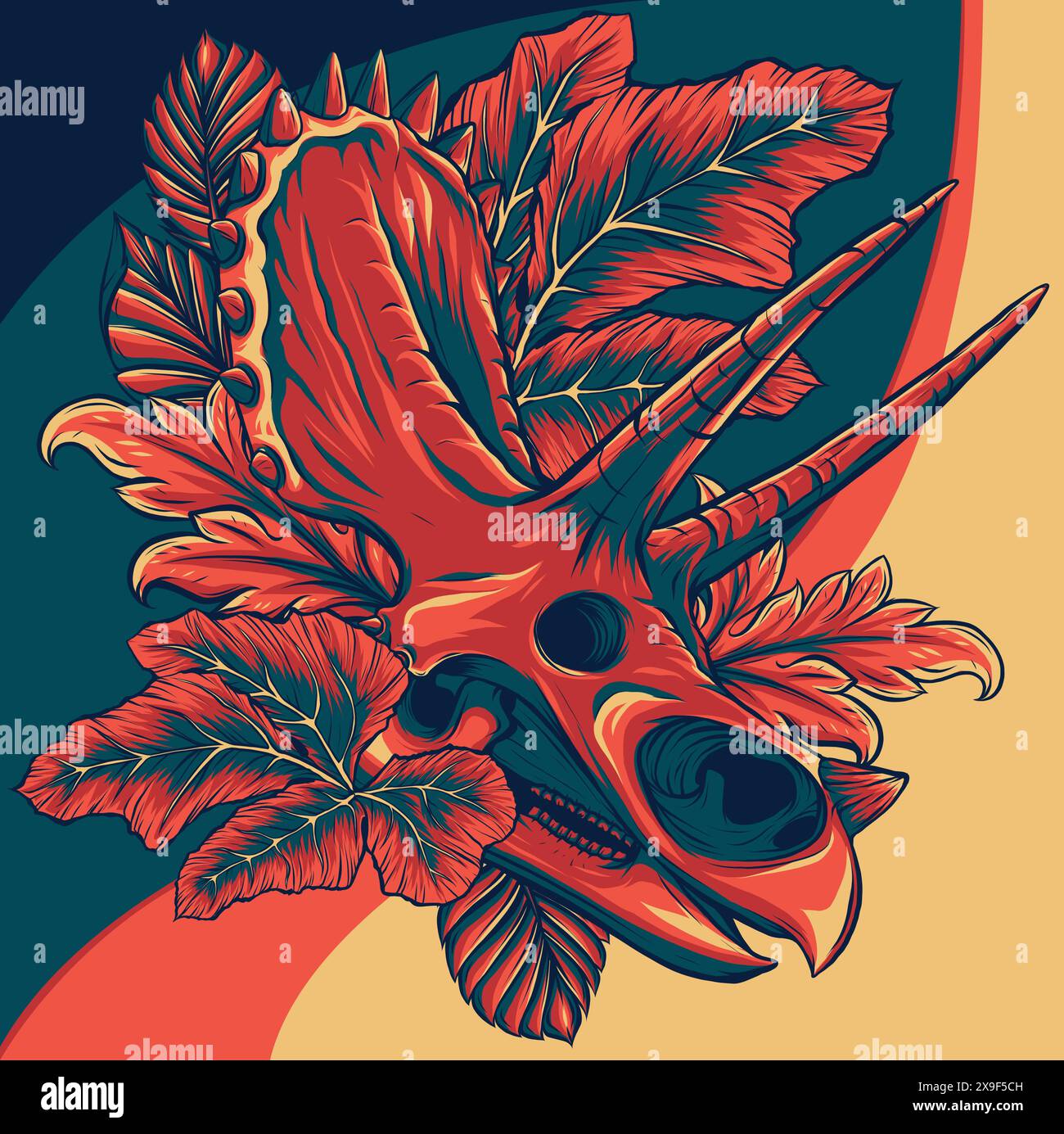Illustration vectorielle du crâne de dinosaure de Triceratops fossile avec des feuilles Illustration de Vecteur