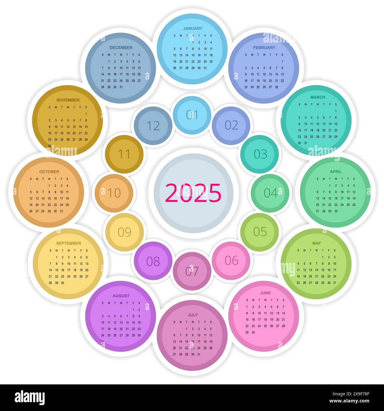 Calendrier cercle, spirale, planificateur pour 2025. Modèle de conception de papeterie vectorielle Imprimer 2025 avec place pour la photo, votre logo et texte. conception du calendrier 2025 Illustration de Vecteur