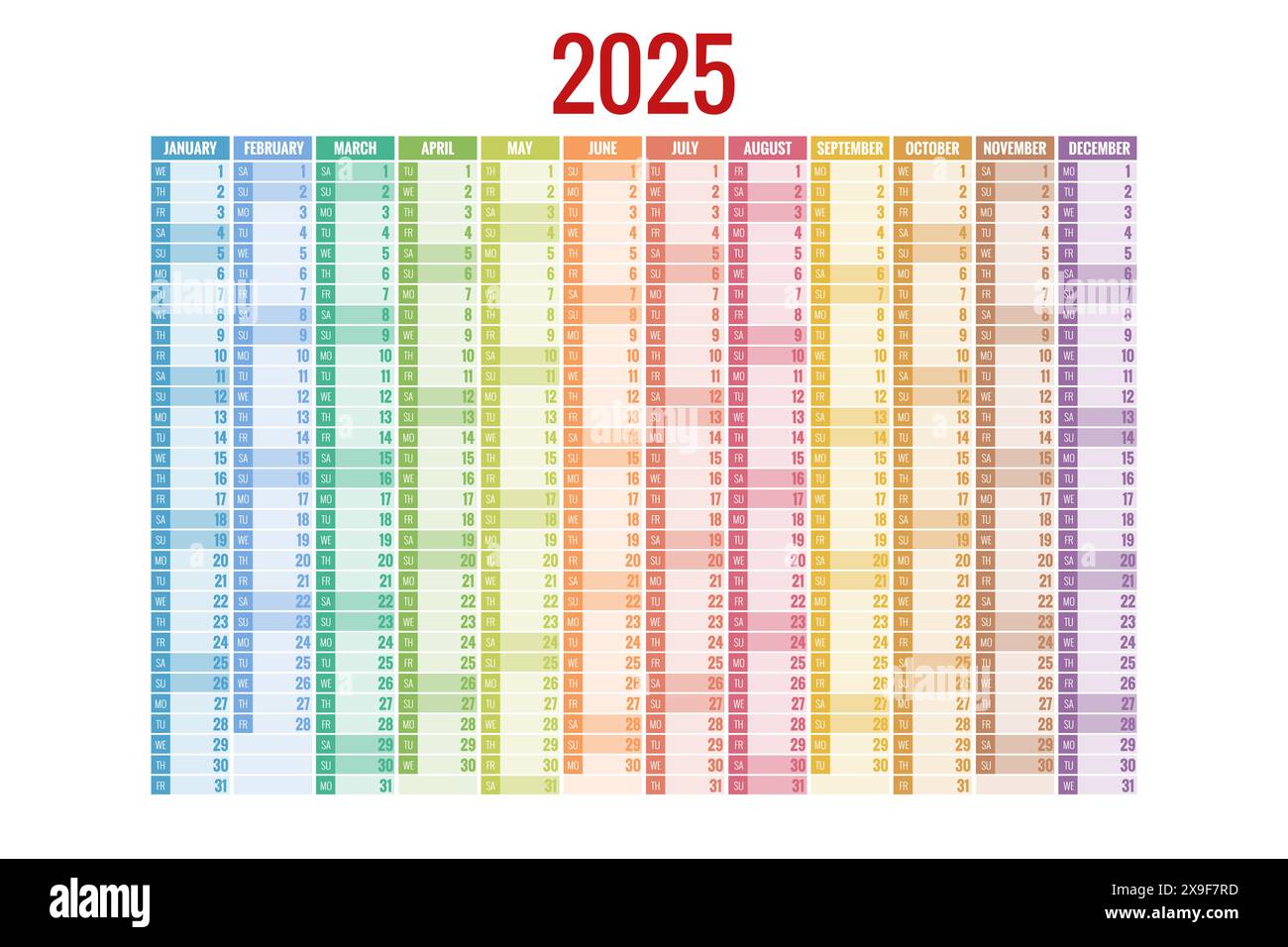 Calendrier vertical, planificateur, date, calendrier, planificateur pour 2025. Modèle de conception de papeterie vectorielle Imprimer 2025 avec place pour la photo, votre logo et texte Illustration de Vecteur