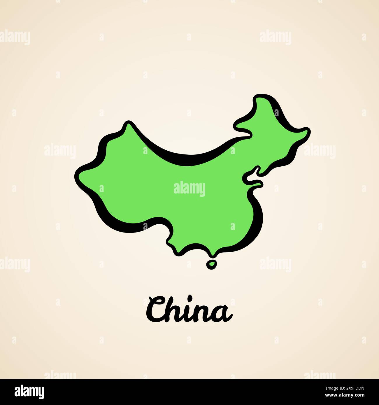 Carte verte simplifiée de la Chine avec contour noir. Illustration de Vecteur