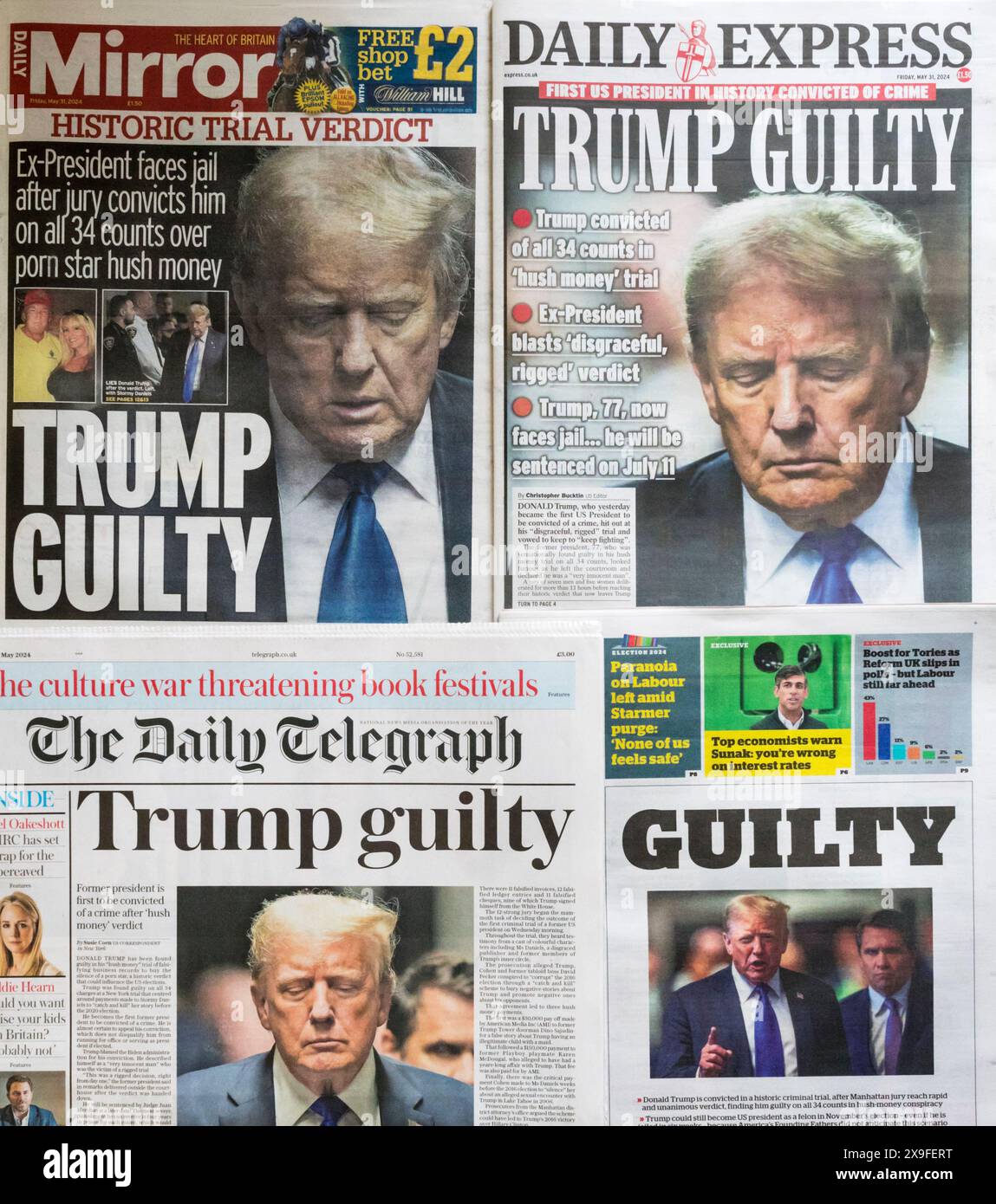 31 mai 2024. Les premières pages des journaux britanniques rapportent le verdict de culpabilité contre Donald Trump avec le titre Trump coupable. Banque D'Images