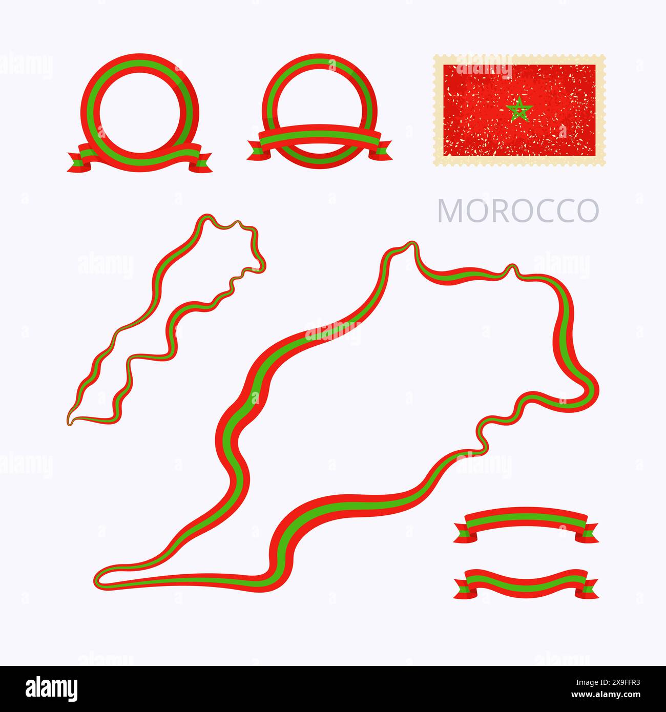 Plan du Maroc. La bordure est marquée avec un ruban dans les couleurs nationales. Le paquet contient des cadres dans les couleurs nationales et timbre avec drapeau. Illustration de Vecteur