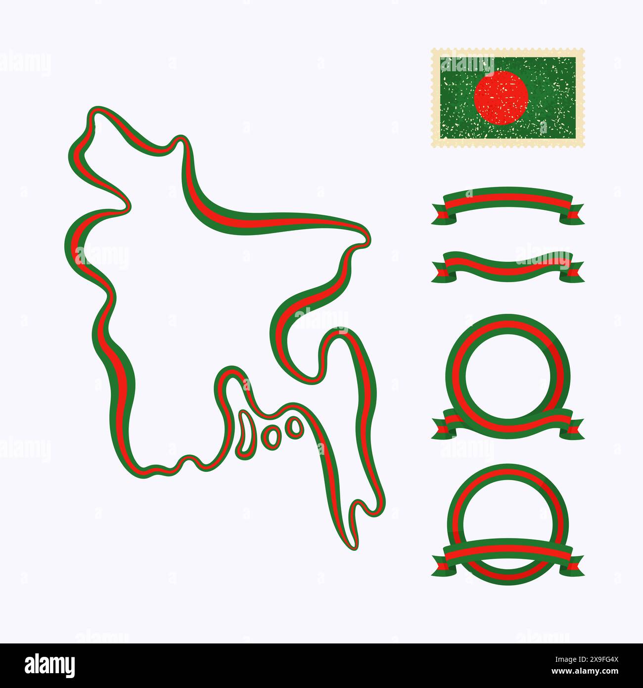 Plan du Bangladesh. La bordure est marquée avec un ruban dans les couleurs nationales. Le paquet contient des cadres dans les couleurs nationales et timbre avec drapeau. Illustration de Vecteur