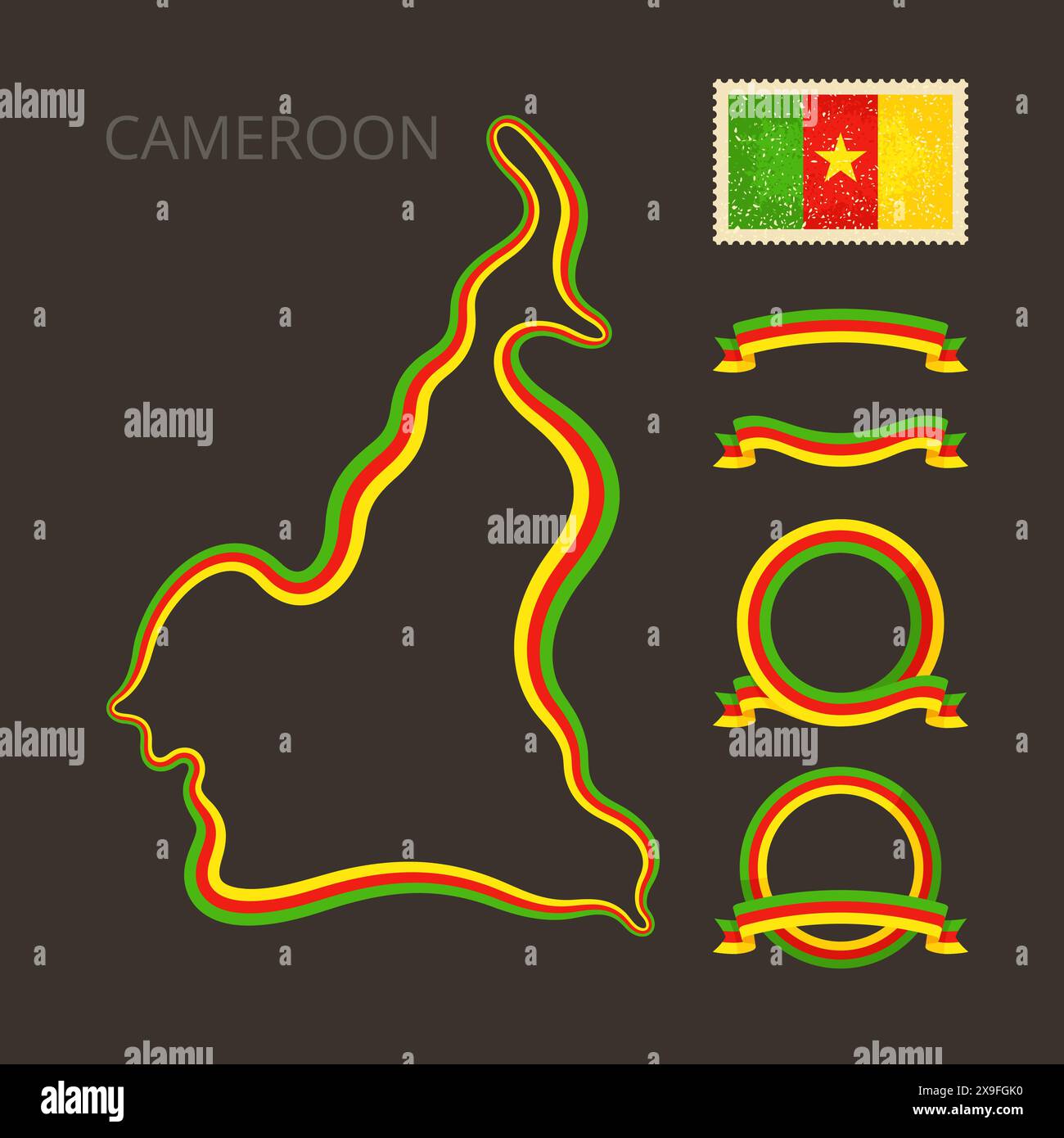 Plan du Cameroun. La bordure est marquée avec un ruban dans les couleurs nationales. Le paquet contient des cadres dans les couleurs nationales et timbre avec drapeau. Illustration de Vecteur