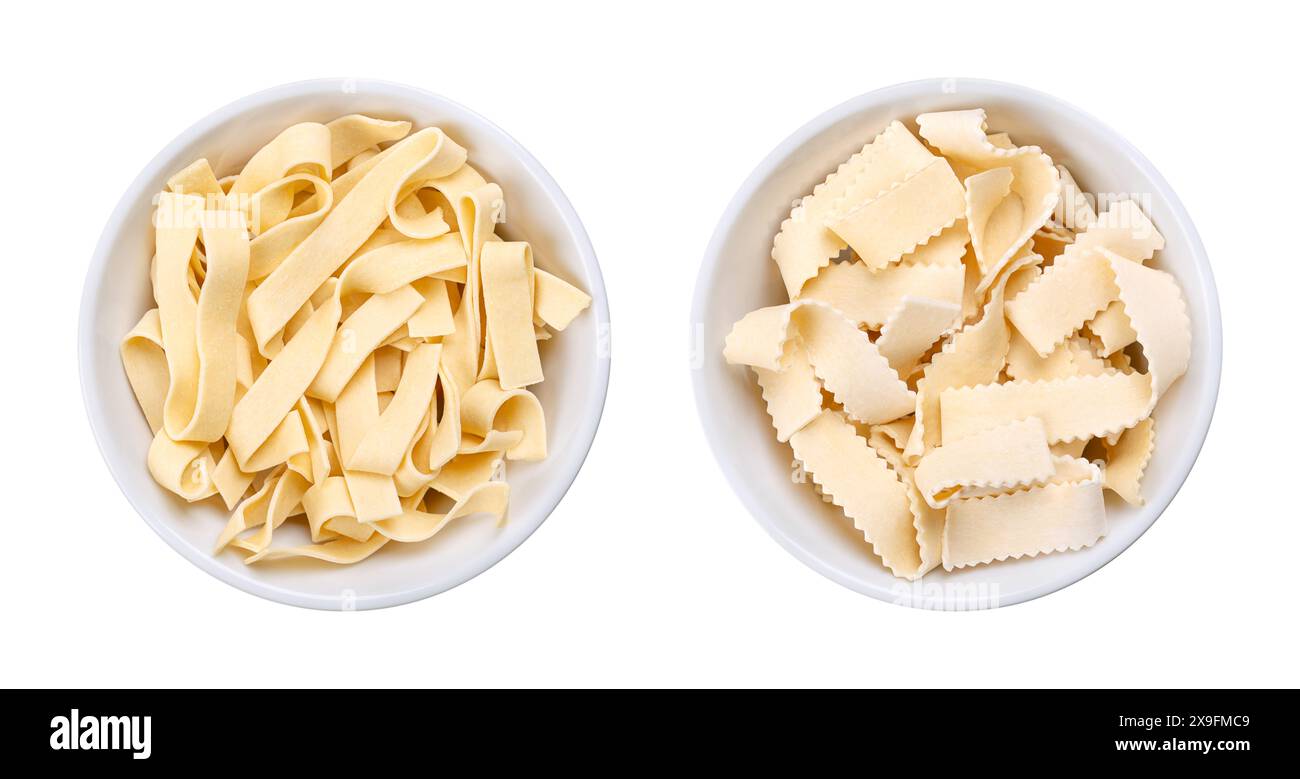 Deux types de pâtes courtes à ruban épais, nouilles de semoule de blé dur non cuites avec oeuf