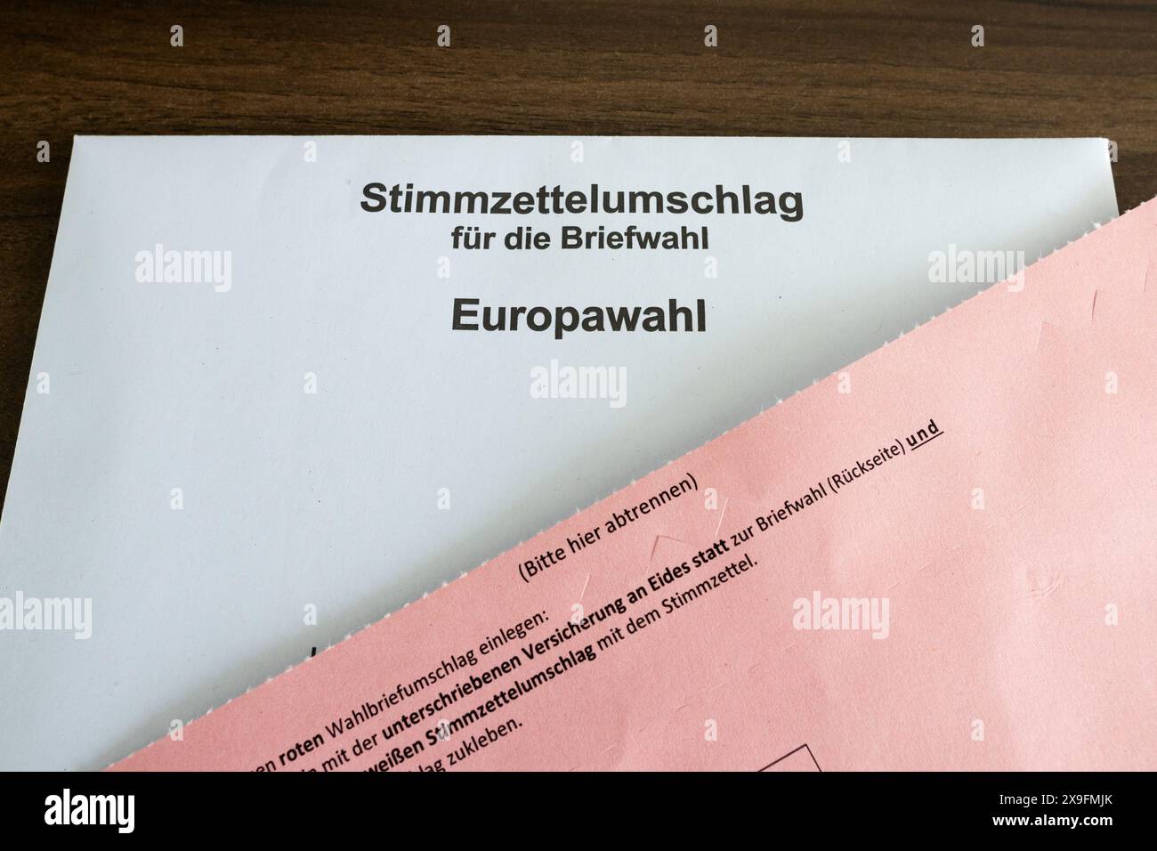 Enveloppe de bulletin de vote de l'élection européenne 2024 (Europawahl). Documents de vote postaux en Allemagne. Couverture de lettre de couleur rose. Banque D'Images