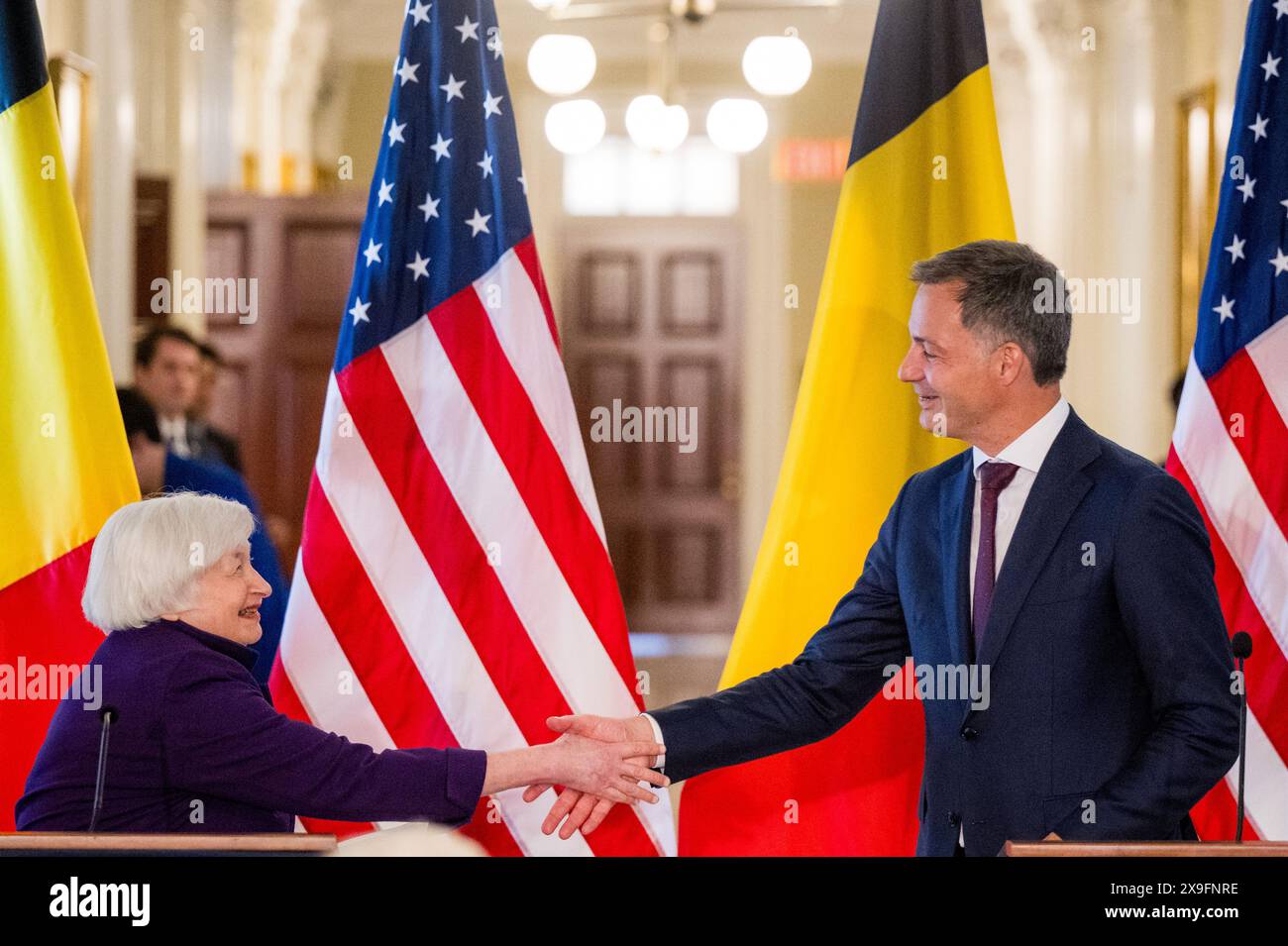 Washington DC, États-Unis. 31 mai 2024. La secrétaire du département américain du Trésor Janet Yellen et le premier ministre Alexander de Croo photographiés lors d'une réunion au Trésor américain, lors d'une visite d'une journée du premier ministre belge à Washington DC, États-Unis, vendredi 31 mai 2024. BELGA PHOTO JASPER JACOBS crédit : Belga News Agency/Alamy Live News Banque D'Images