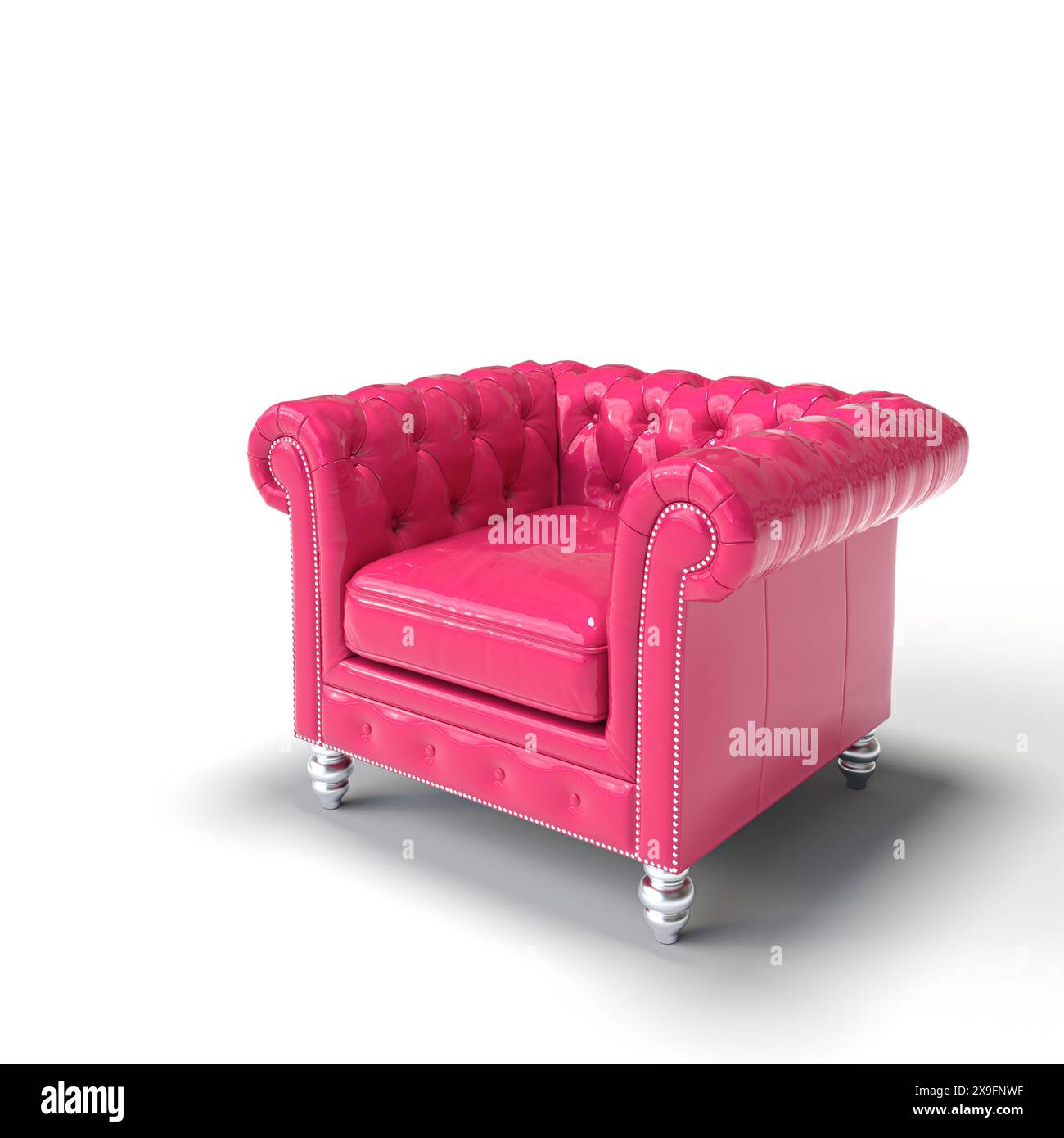 canapé chesterfield en cuir rose boutonné blanc isolé en toile de fond Banque D'Images