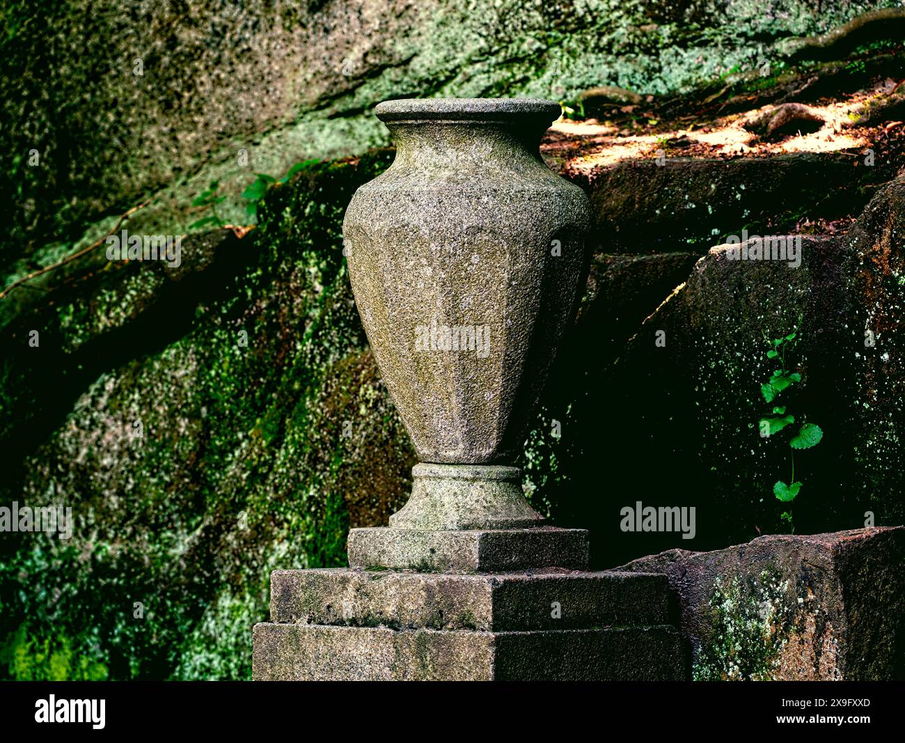 vieux vase en pierre antique debout dans le jardin Banque D'Images