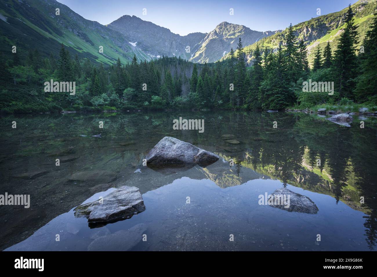 Lac de montagne limpide reflétant les montagnes environnantes et la forêt, Slovaquie, Europe Banque D'Images