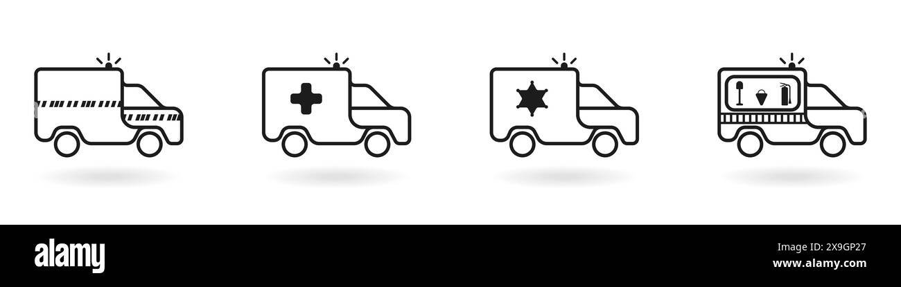 Voitures avec vecteur de lumières clignotantes. Icônes de transport linéaire. Voiture pour les situations d'urgence. Ambulance, police, pompiers, sauveteurs vecteur set. Illustration de Vecteur