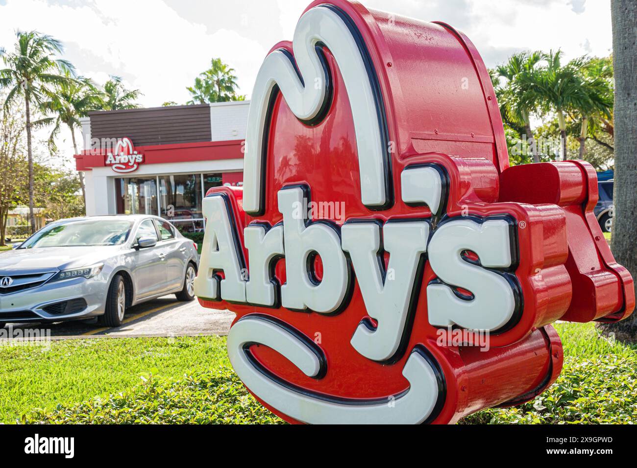 North Miami Beach Floride, restaurant sandwich rapide Arby, extérieur, signe d'information, promotion du logo de publicité de promotion, visiteurs v Banque D'Images