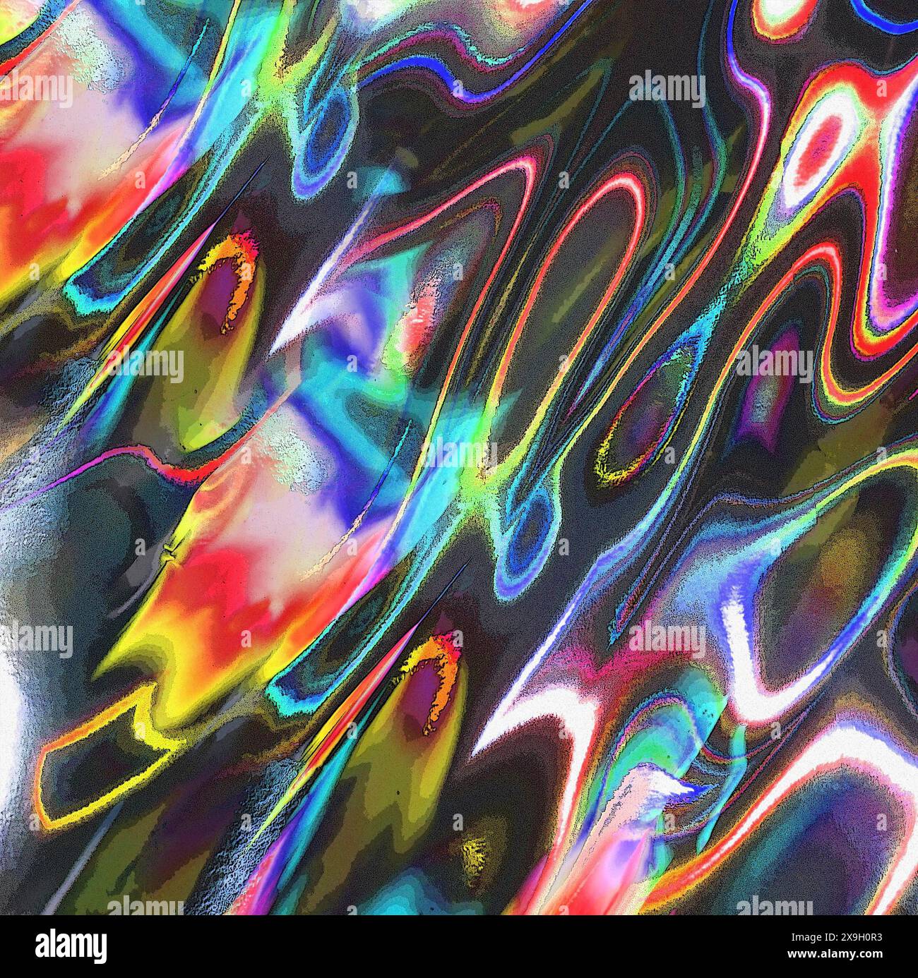 Abstrait psychédélique avec des tourbillons vibrants et néons sur un fond noir Banque D'Images