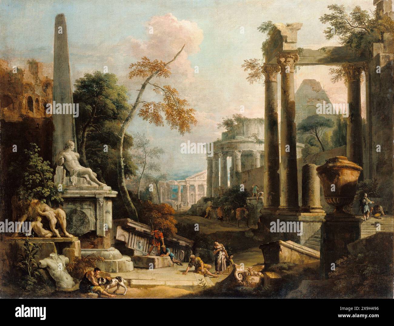 Peinture de paysage avec des ruines classiques et des figures par le peintre italien Marco Ricci et Sebastiano Ricci huile sur toile art art chef-d'œuvre du XVIIIe siècle roccoco image Banque D'Images
