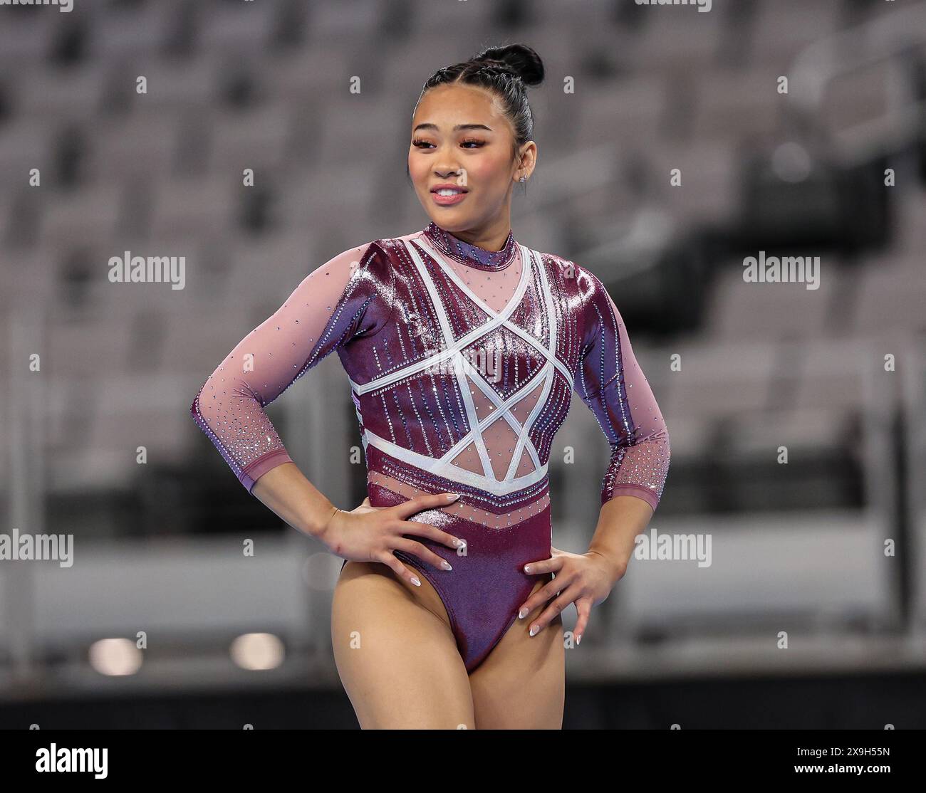 31 mai 2024 : Sunisa Lee lors des échauffements de la deuxième session du Woman's Day 1 des Championnats américains de gymnastique 2024 au Dickies Arena de Fort Worth, Texas. Kyle Okita/CSM Banque D'Images