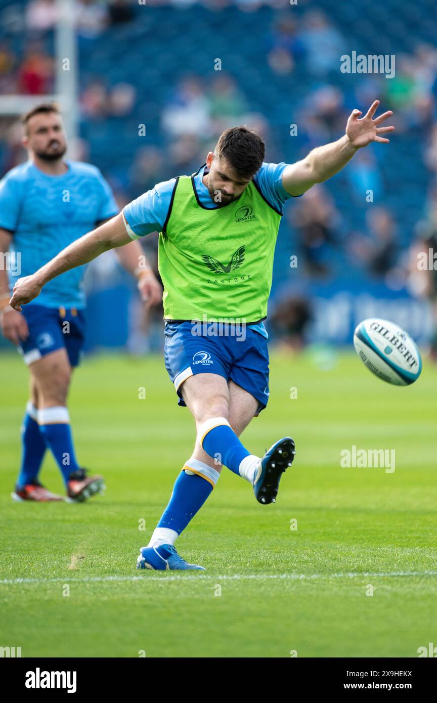 Dublin, Irlande. 01 juin 2024. Harry Byrne de Leinster avant le match de la 18e ronde du United Rugby entre Leinster Rugby et Connacht Rugby à la RDS Arena de Dublin, Irlande le 31 mai 2024 (photo by Andrew SURMA/ Credit : Sipa USA/Alamy Live News Banque D'Images