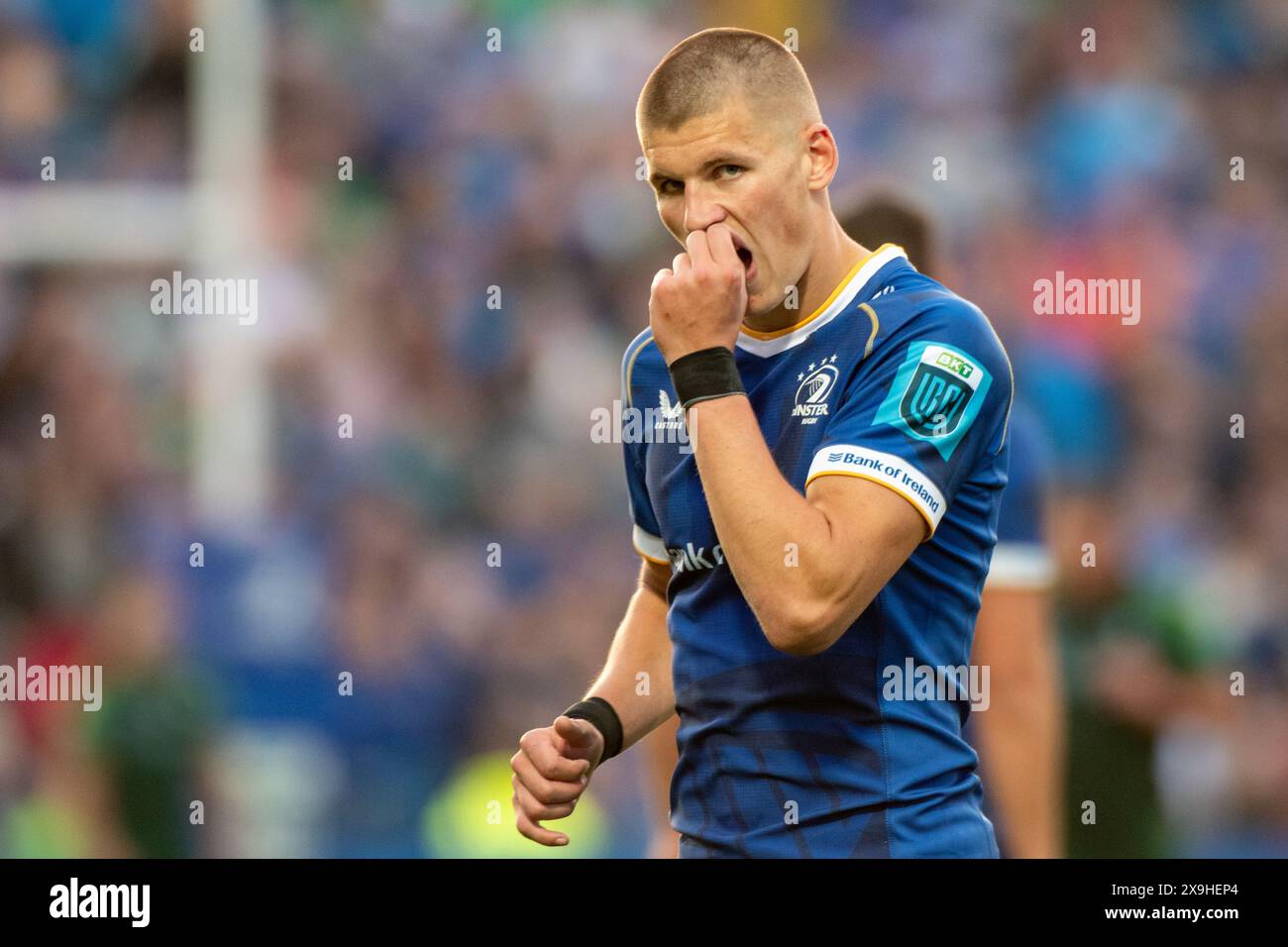 Dublin, Irlande. 01 juin 2024. Sam Prendergast de Leinster lors du match de la ronde 18 du United Rugby entre Leinster Rugby et Connacht Rugby au RDS Arena de Dublin, Irlande le 31 mai 2024 (photo by Andrew SURMA/ Credit : Sipa USA/Alamy Live News Banque D'Images