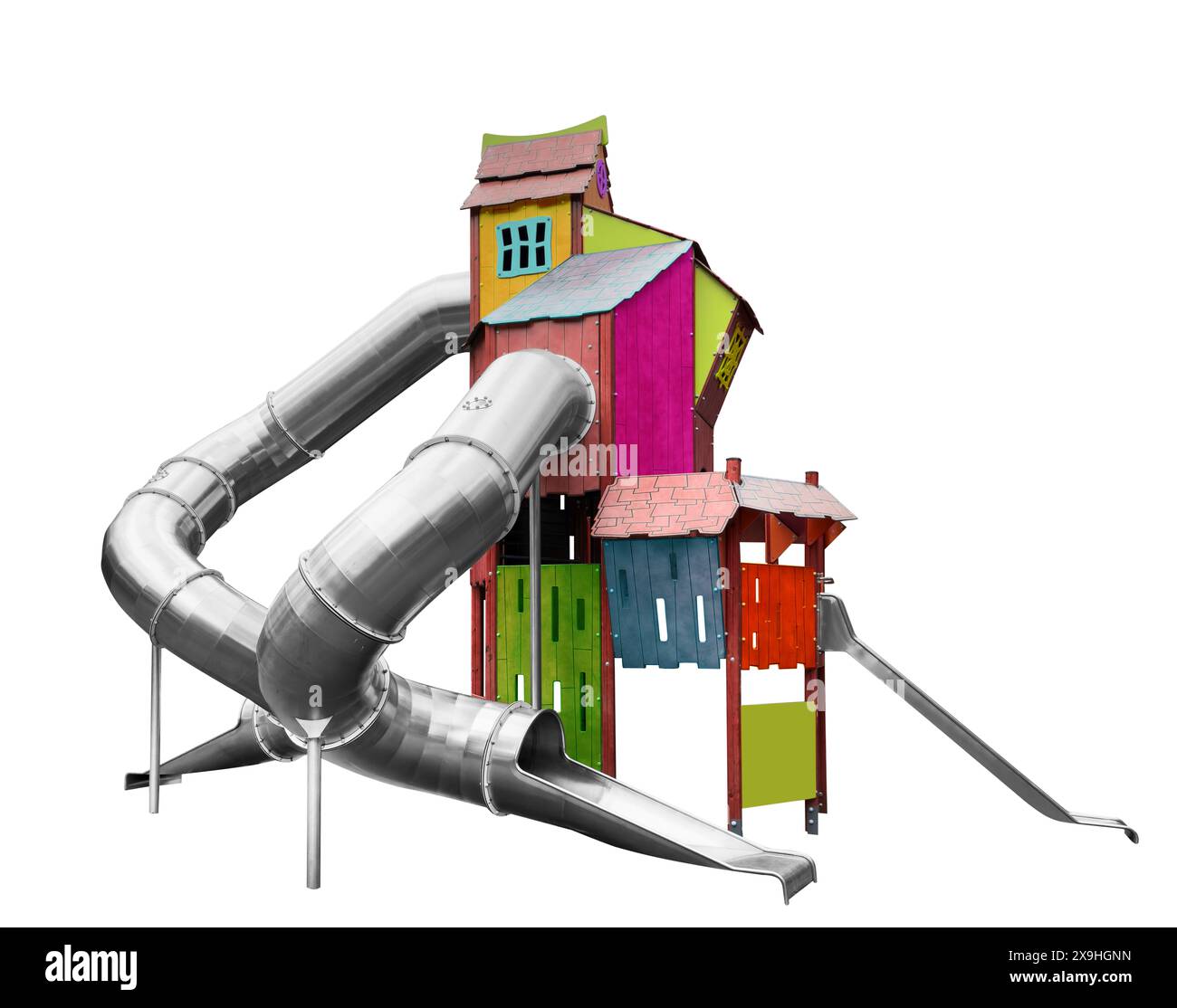 Aire de jeux pour les enfants dans la cour isolé sur fond blanc. Toboggan pour enfants. Aire de jeux pour enfants colorée isolée. EQUIPEMENT de terrain de jeu pour ch Banque D'Images