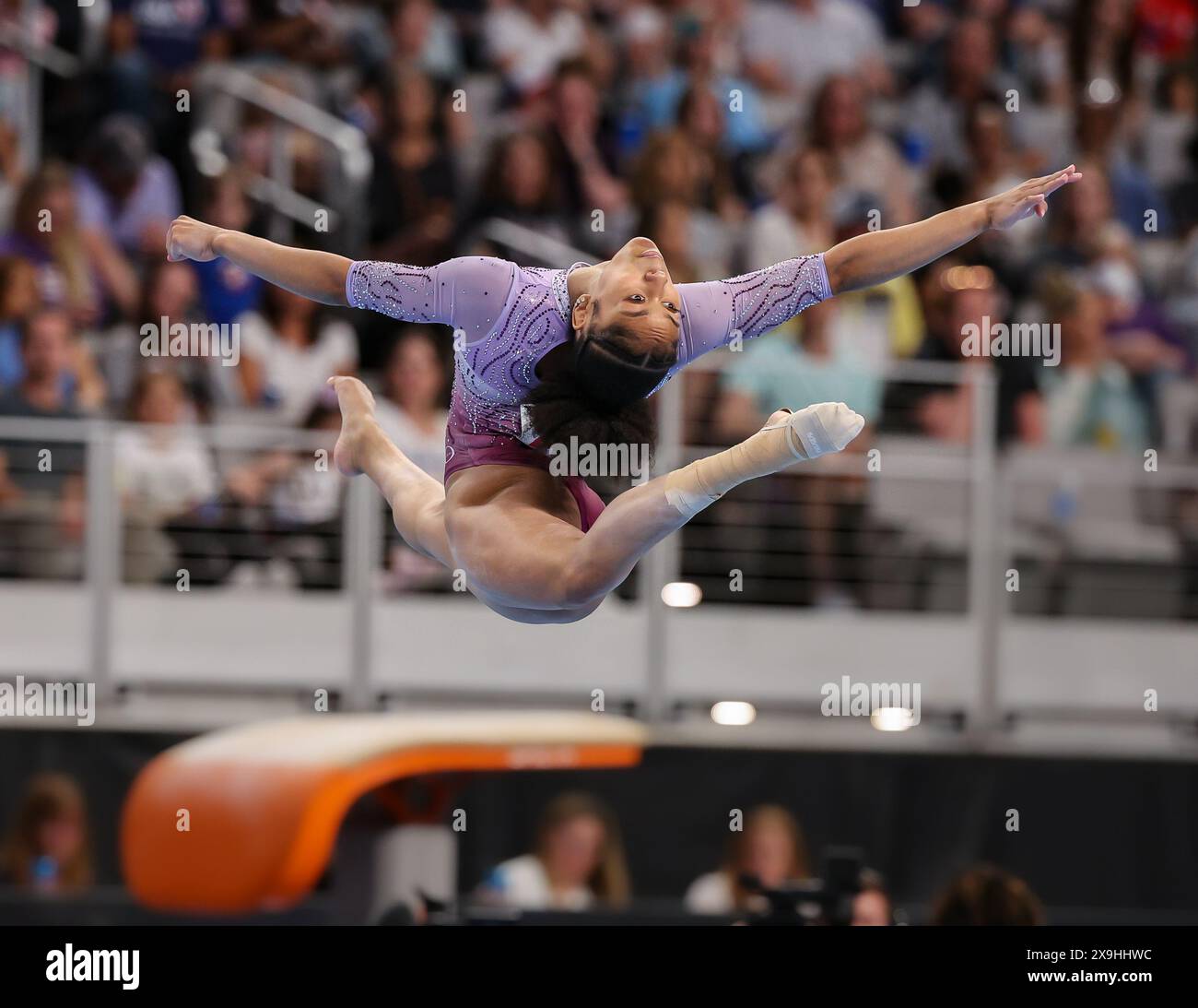 31 mai 2024 : Skye Blakely de WOGA saute dans les airs lors de la première journée de la femme des Championnats américains de gymnastique 2024 au Dickies Arena de Fort Worth, Texas. Kyle Okita/CSM Banque D'Images